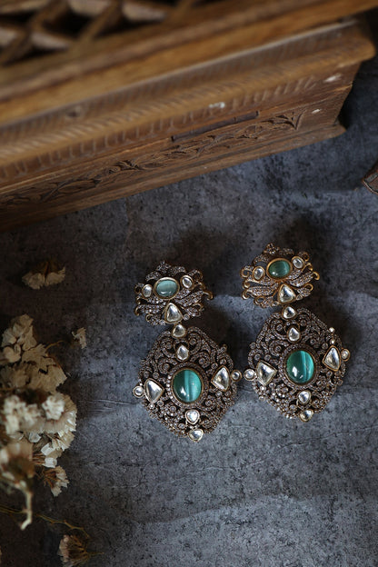 Gold Plated Floral Kundan Polki & Fluorite Stone Dangler Earrings