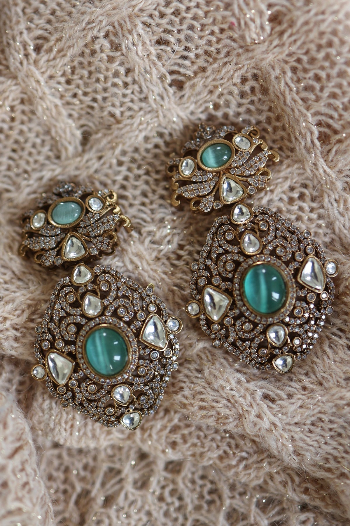 Gold Plated Floral Kundan Polki & Fluorite Stone Dangler Earrings
