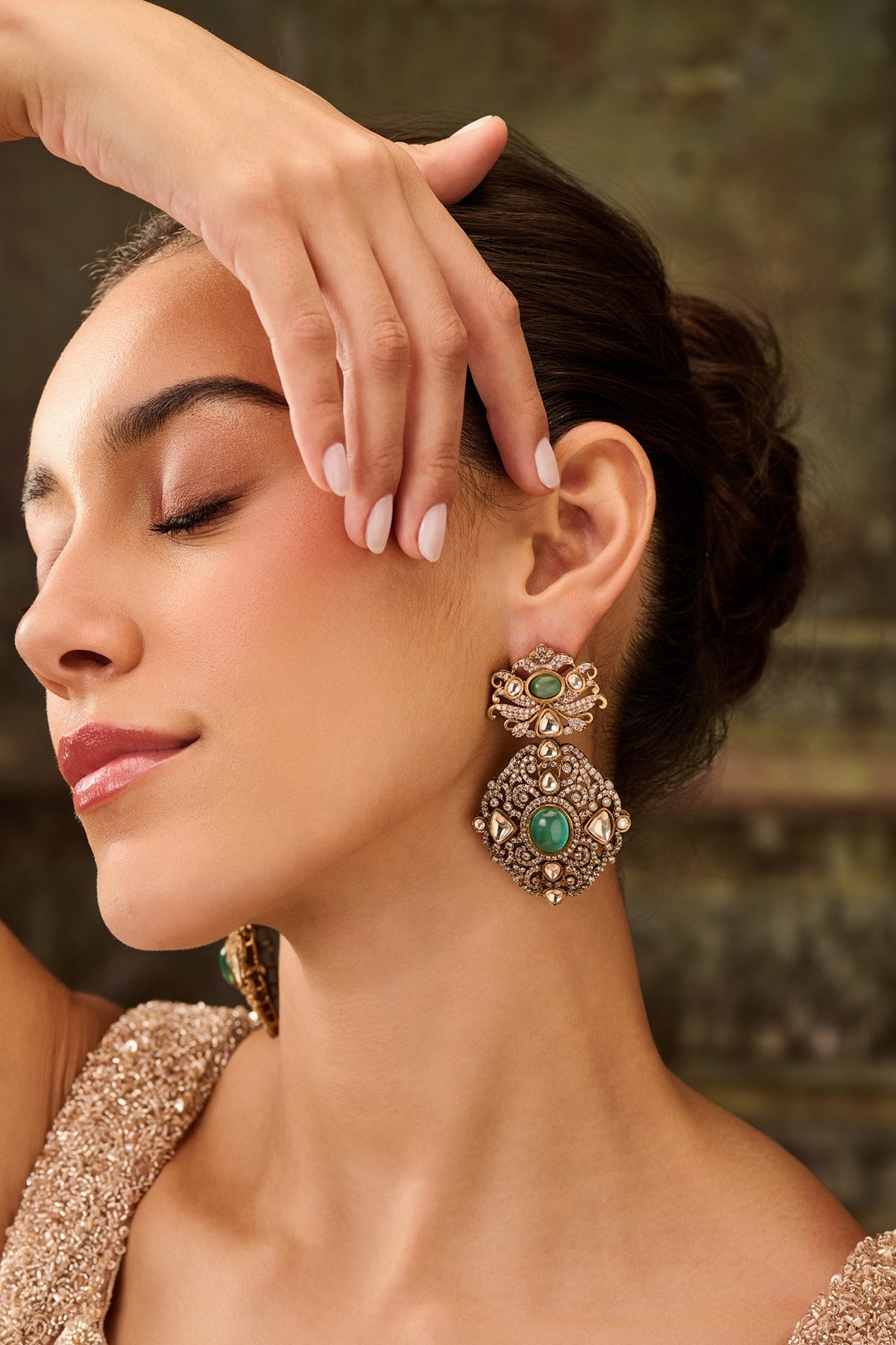 Gold Plated Floral Kundan Polki & Fluorite Stone Dangler Earrings