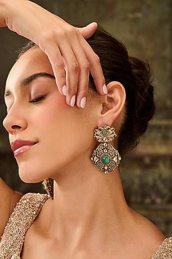 Gold Plated Floral Kundan Polki & Fluorite Stone Dangler Earrings