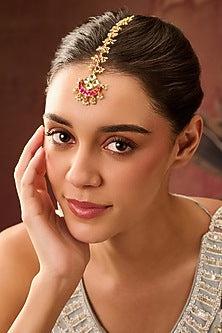 Gold Plated Red Kundan Polki & Pearl Mathapatti