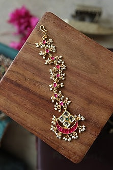 Gold Plated Red Kundan Polki & Pearl Mathapatti