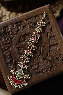 Gold Plated Red Kundan Polki & Pearl Mathapatti