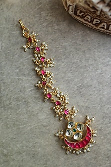 Gold Plated Red Kundan Polki & Pearl Mathapatti