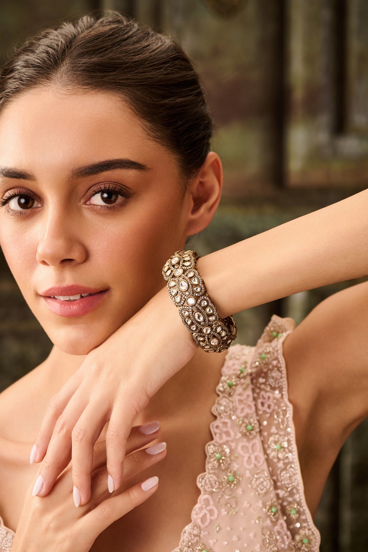Gold Plated Kundan Polki & Cubic Zirconia Bangle