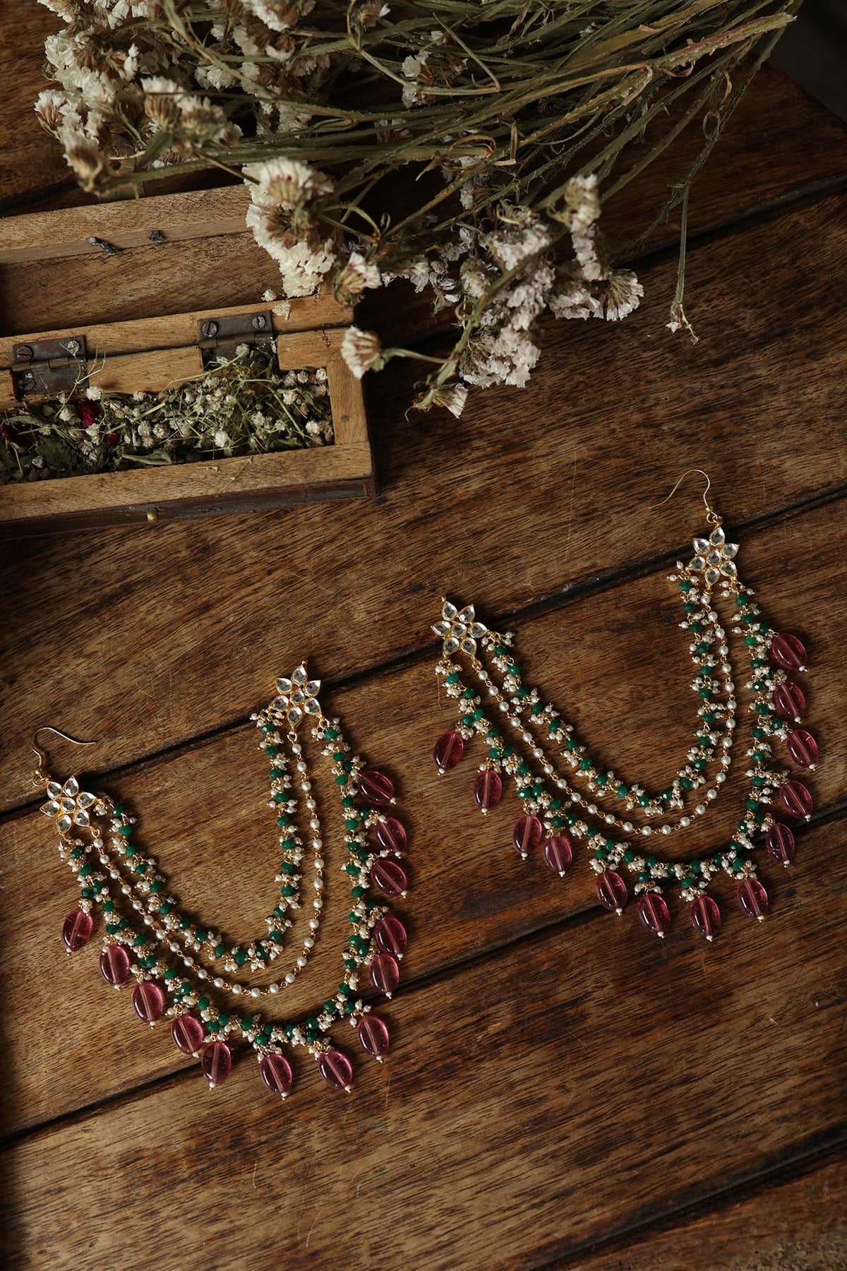 Gold Plated Kundan Polki & Pink Stone Earchains