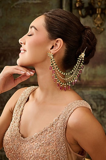 Gold Plated Kundan Polki & Pink Stone Earchains