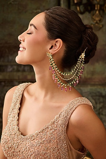 Gold Plated Kundan Polki & Pink Stone Earchains