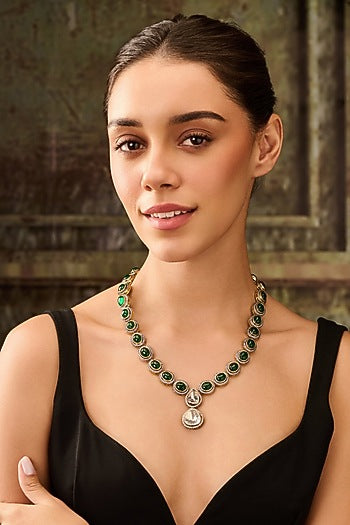 Gold Plated Kundan Polki & Green Jade Stone Pendant Necklace