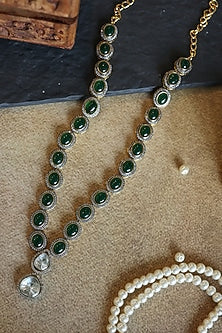 Gold Plated Kundan Polki & Green Jade Stone Pendant Necklace