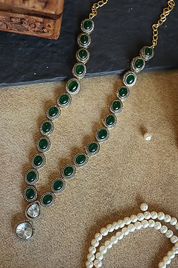 Gold Plated Kundan Polki & Green Jade Stone Pendant Necklace