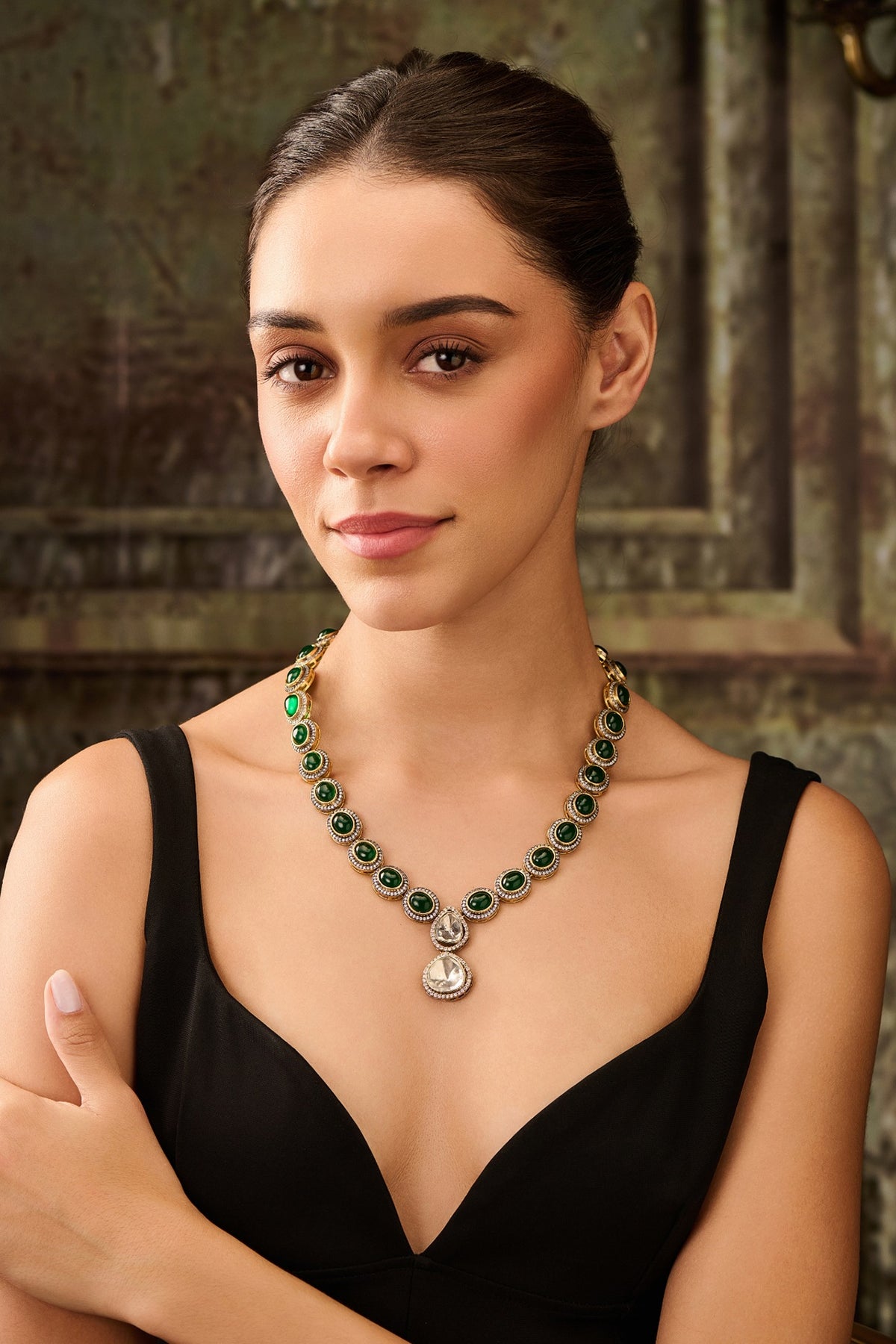 Gold Plated Kundan Polki & Green Jade Stone Pendant Necklace