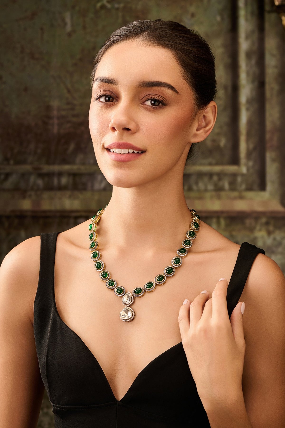Gold Plated Kundan Polki & Green Jade Stone Pendant Necklace