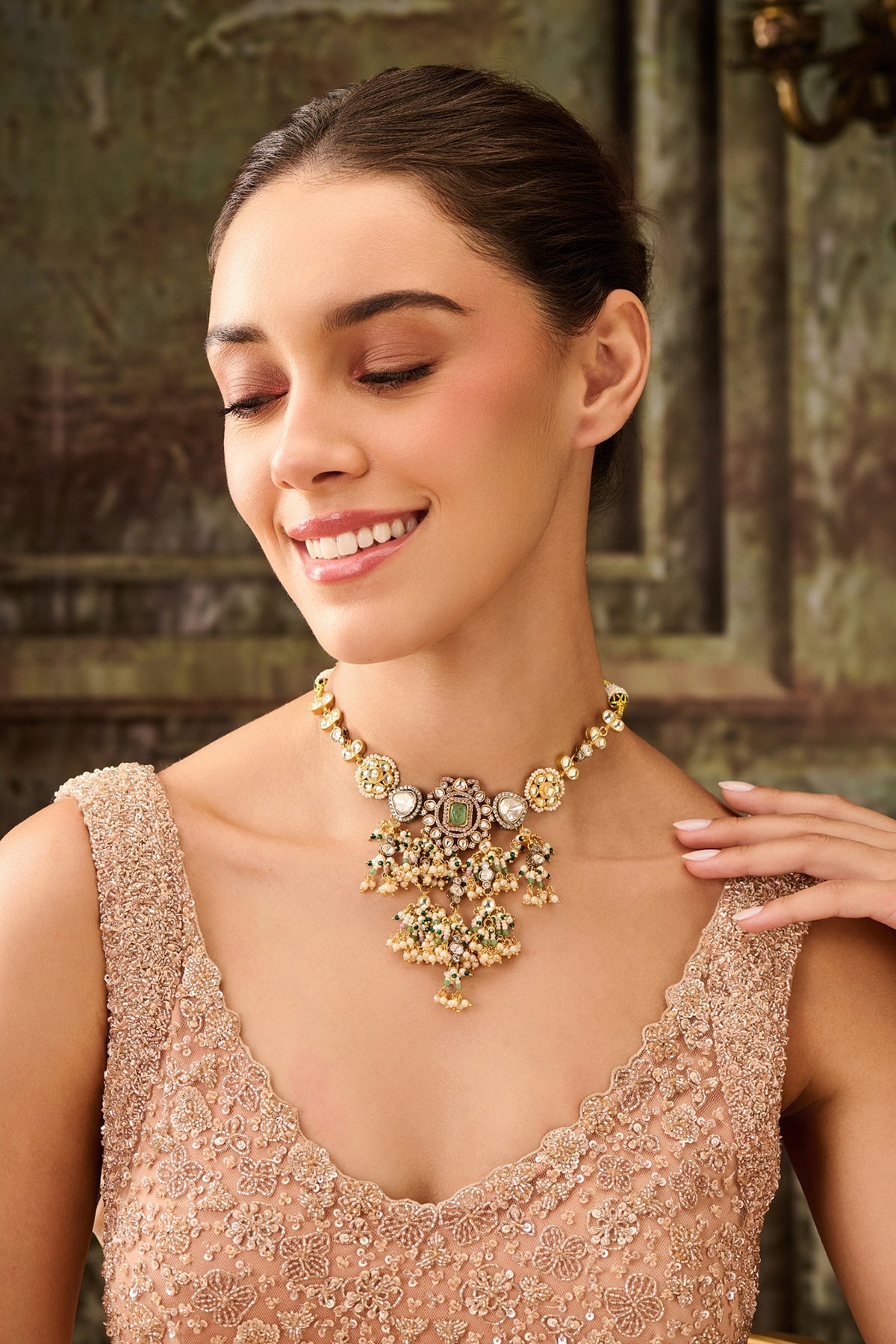 Gold Plated Kundan Polki & Pearl Necklace