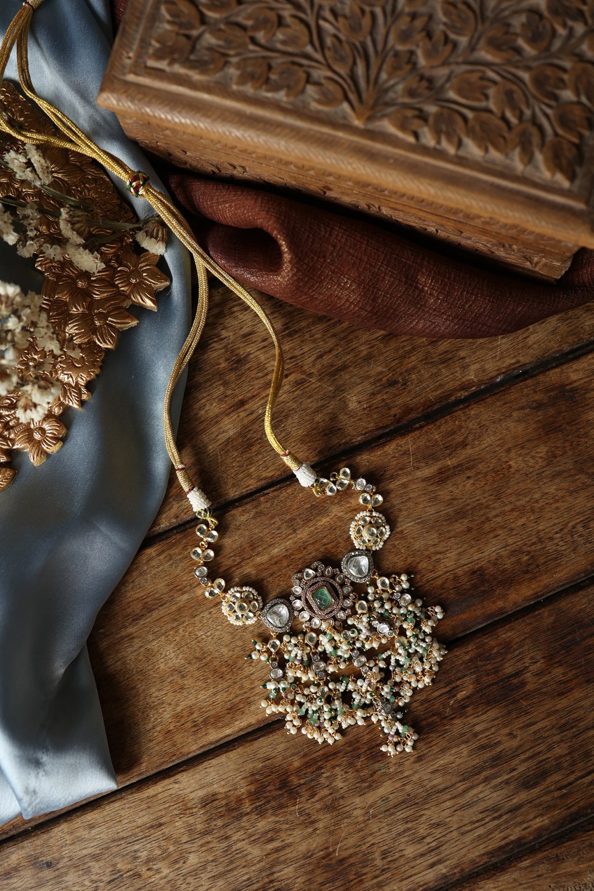 Gold Plated Kundan Polki & Pearl Necklace
