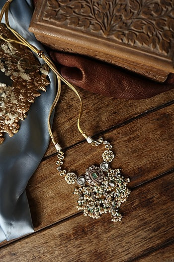 Gold Plated Kundan Polki & Pearl Necklace
