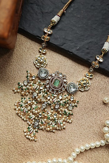 Gold Plated Kundan Polki & Pearl Necklace