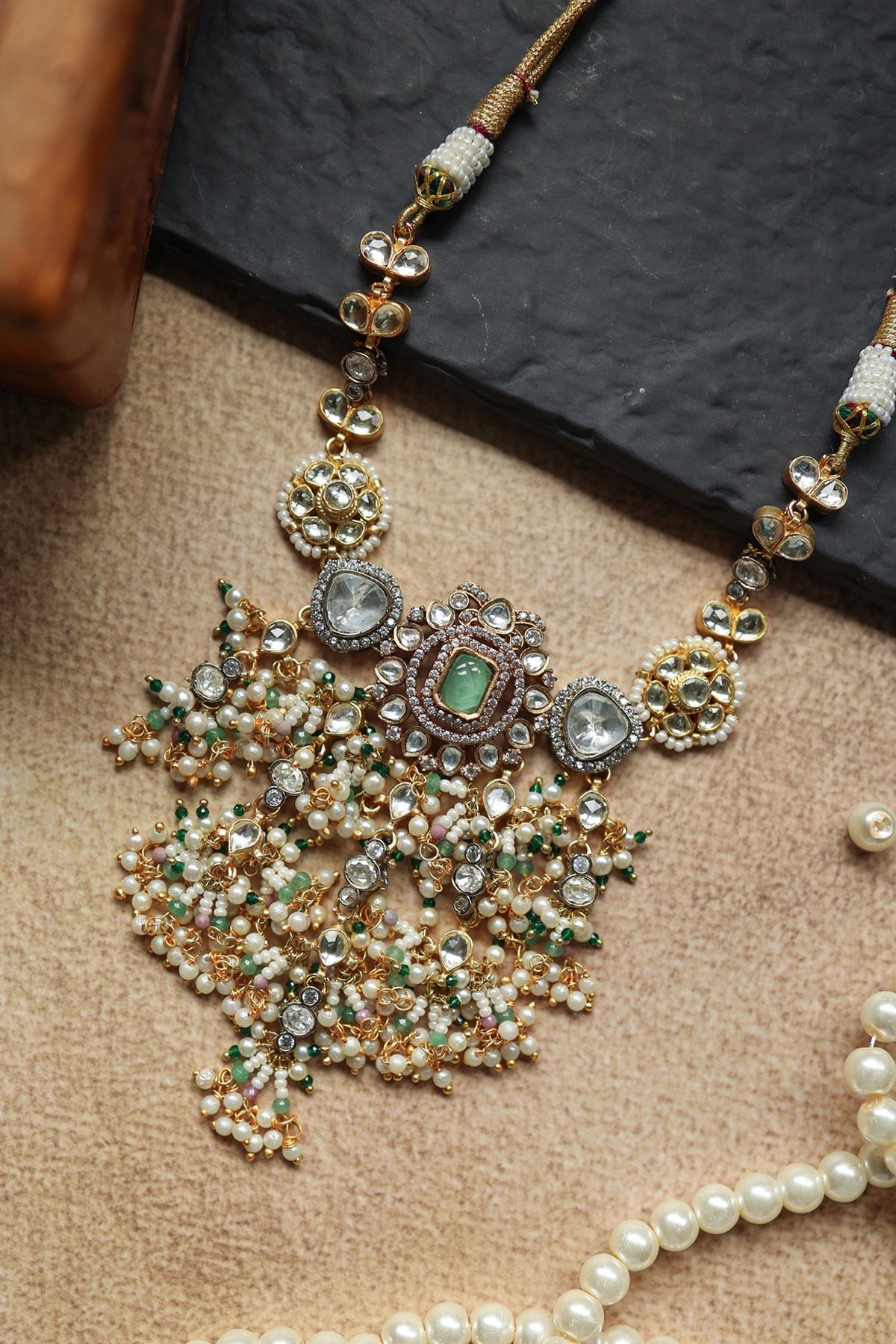 Gold Plated Kundan Polki & Pearl Necklace