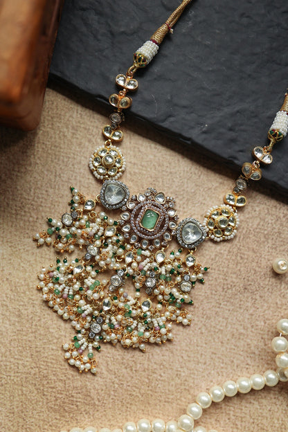 Gold Plated Kundan Polki & Pearl Necklace