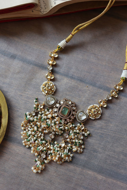 Gold Plated Kundan Polki & Pearl Necklace