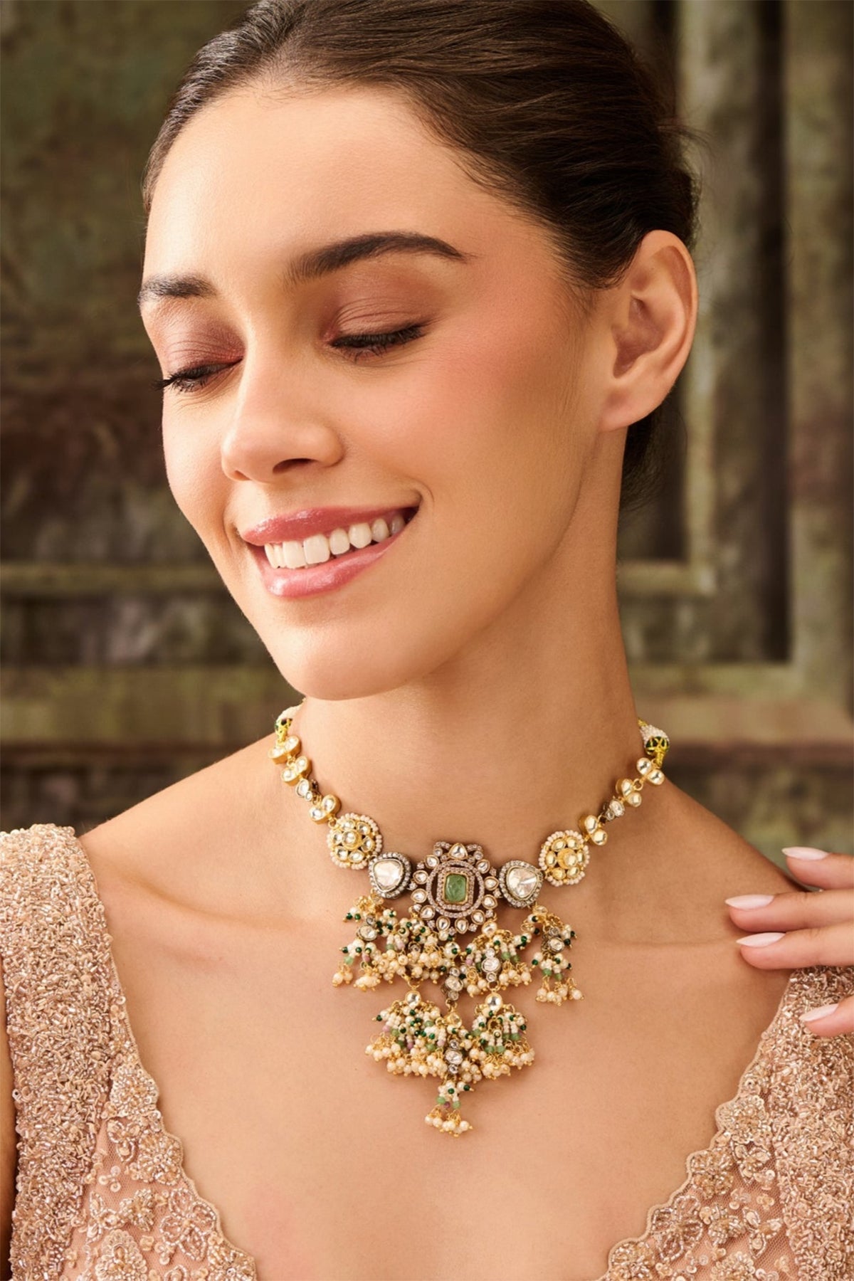 Gold Plated Kundan Polki & Pearl Necklace