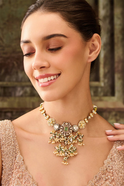 Gold Plated Kundan Polki & Pearl Necklace