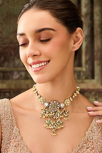Gold Plated Kundan Polki & Pearl Necklace