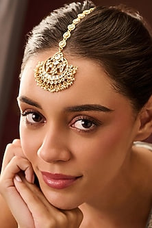 Gold Plated Kundan Polki & Pearl Maangtikka