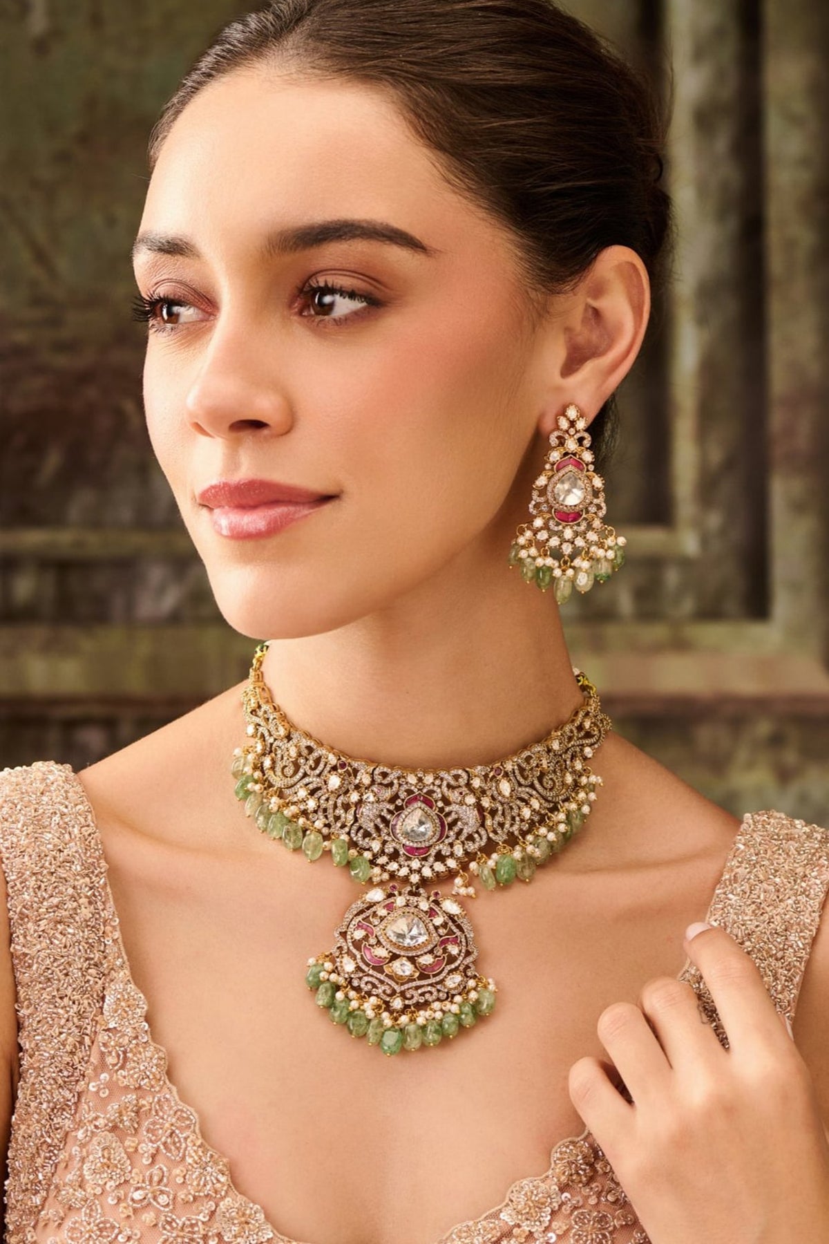 Gold Plated Kundan Polki & Mint Onyx Necklace Set