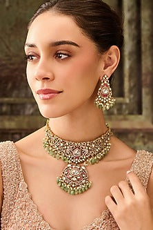 Gold Plated Kundan Polki & Mint Onyx Necklace Set