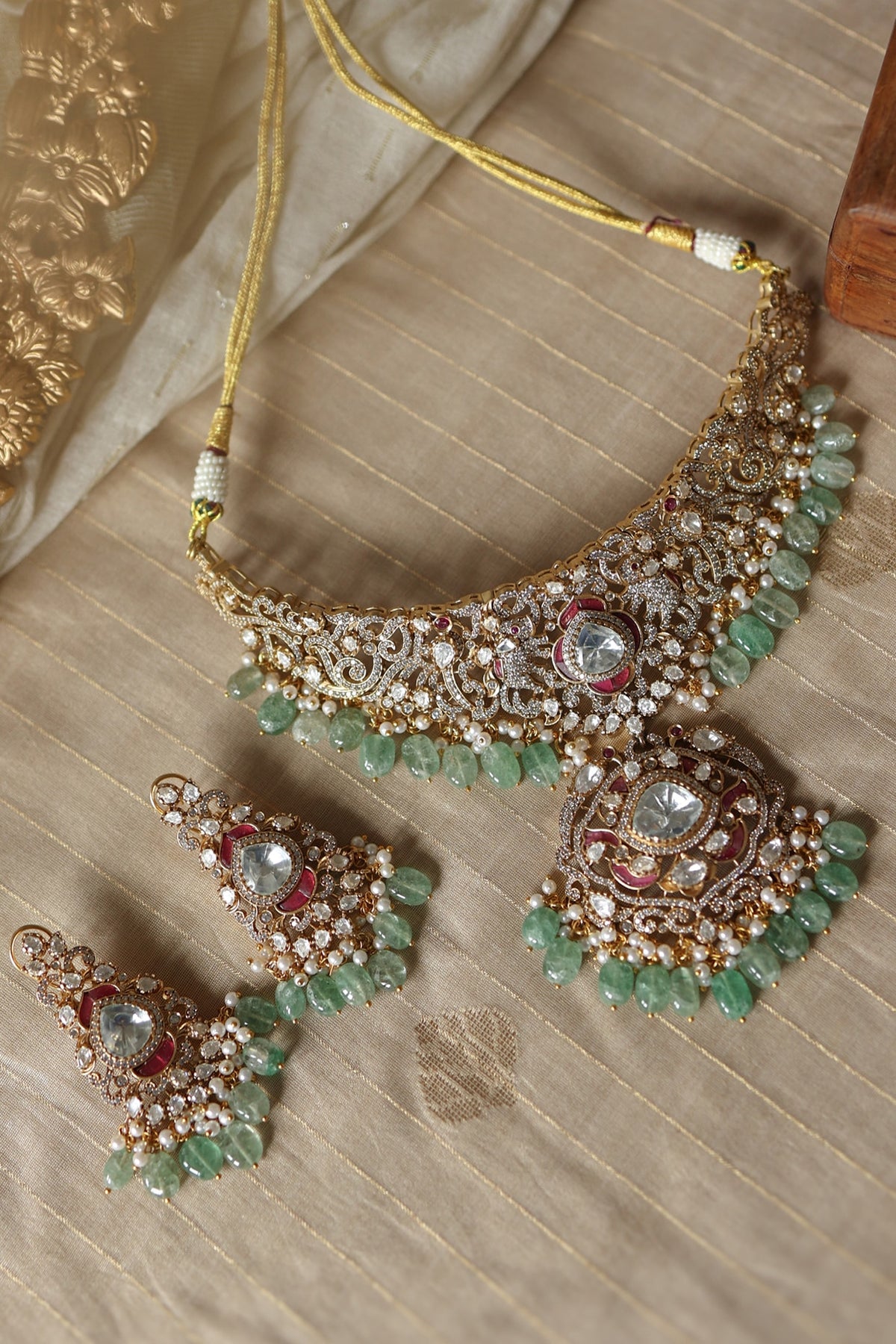 Gold Plated Kundan Polki & Mint Onyx Necklace Set