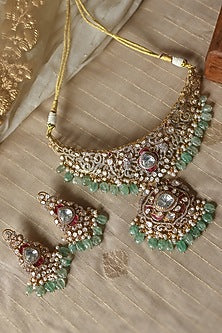 Gold Plated Kundan Polki & Mint Onyx Necklace Set