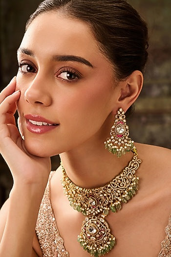 Gold Plated Kundan Polki & Mint Onyx Necklace Set