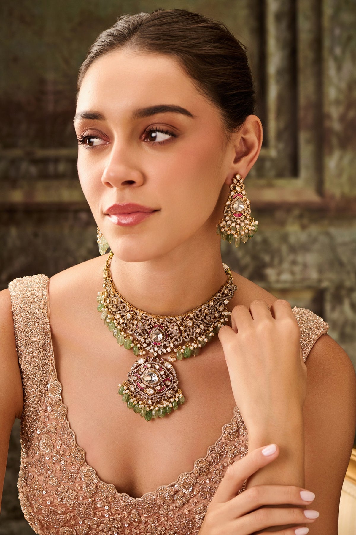 Gold Plated Kundan Polki & Mint Onyx Necklace Set