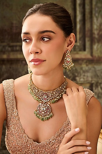 Gold Plated Kundan Polki & Mint Onyx Necklace Set