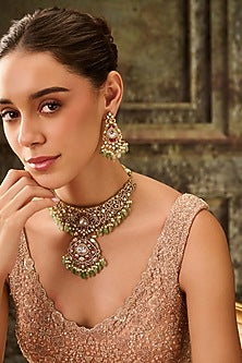 Gold Plated Kundan Polki & Mint Onyx Necklace Set