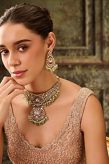 Gold Plated Kundan Polki & Mint Onyx Necklace Set