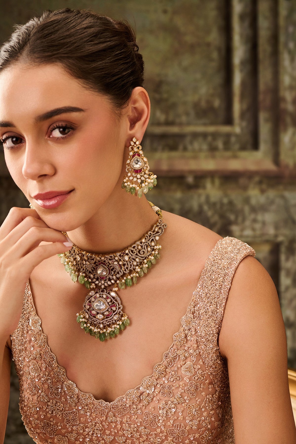 Gold Plated Kundan Polki & Mint Onyx Necklace Set