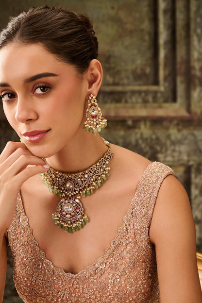 Gold Plated Kundan Polki & Mint Onyx Necklace Set