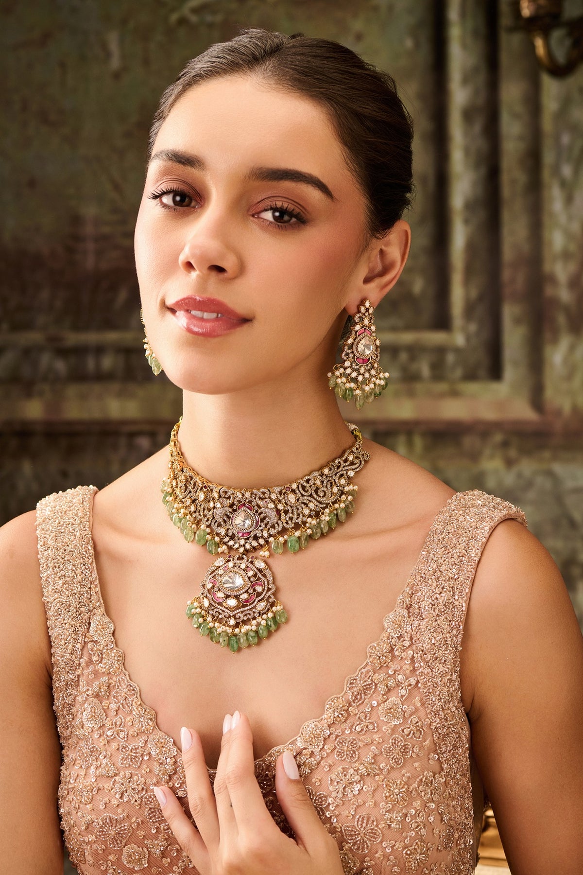 Gold Plated Kundan Polki & Mint Onyx Necklace Set