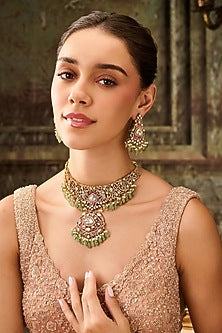 Gold Plated Kundan Polki & Mint Onyx Necklace Set