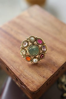Gold Plated Navratna Stone Adjustable Ring
