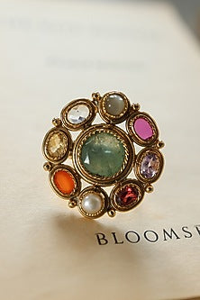 Gold Plated Navratna Stone Adjustable Ring