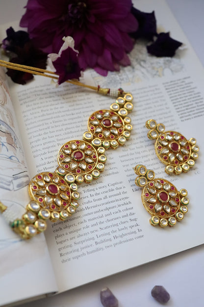 Gold Finish Red Stones Choker Necklace Set