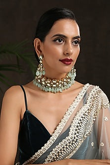 Gold Finish Choker Necklace Set With Pearls & Stones