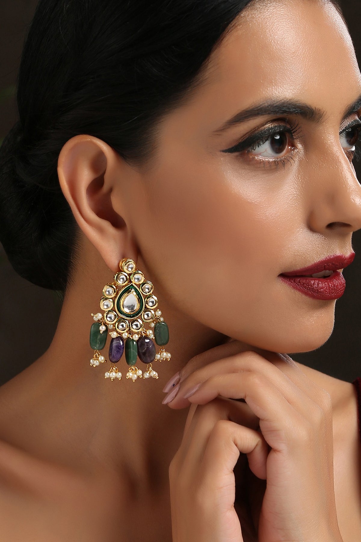 Gold Finish Green Kundan Polki Necklace Set