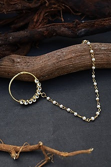 Gold Finish Kundan & Pearls Nose Ring