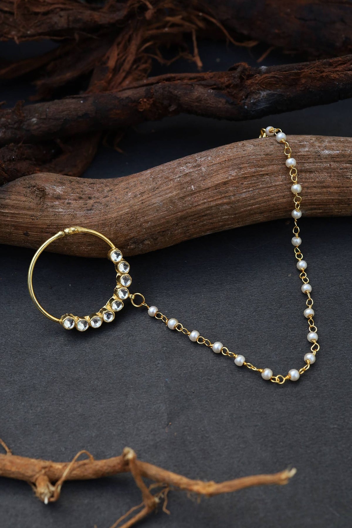 Gold Finish Kundan & Pearls Nose Ring