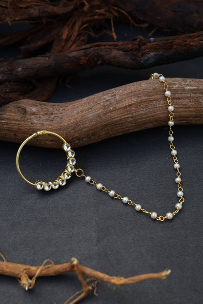 Gold Finish Kundan & Pearls Nose Ring