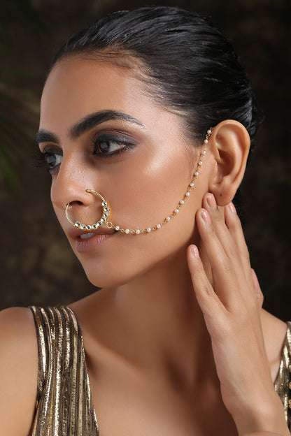 Gold Finish Kundan & Pearls Nose Ring